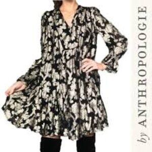 Anthropologie Black and Metallic Floral Mini Dress